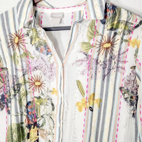 Chico’s Women’s Top Garden Girl Floral Stripe Beaded Embroidery Button Up Size L - Picture 3 of 10